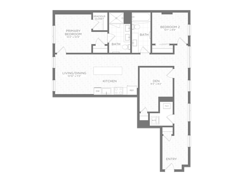 Floor plan for 2 beds, 2 baths, 1087 sqft
